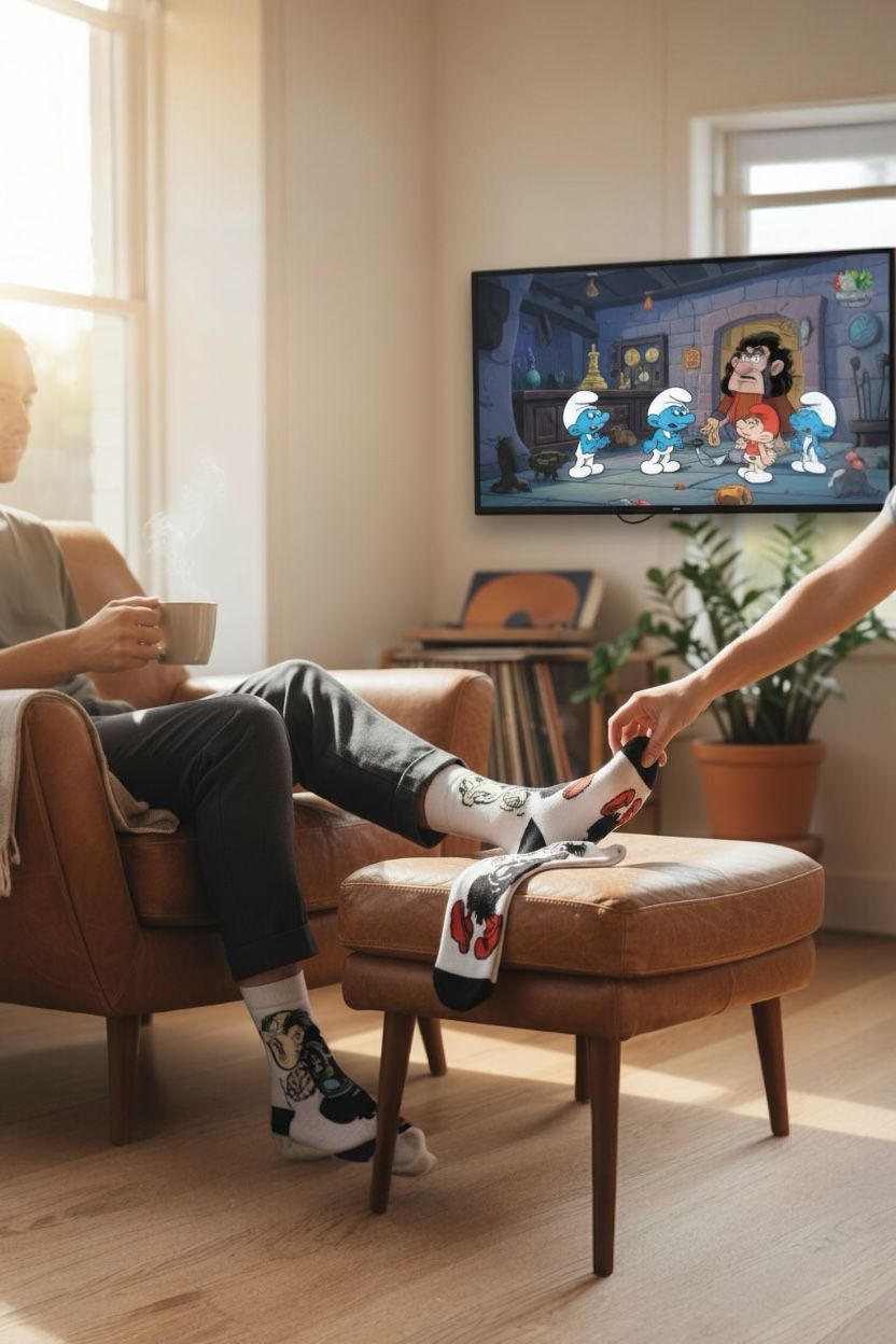 Person sitting on a brown armchair watching cartoon characters on a TV in a living room.