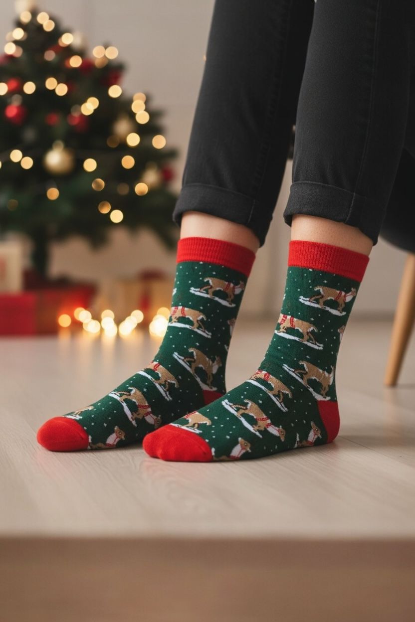 Person wearing festive socks with a Christmas tree in the background
