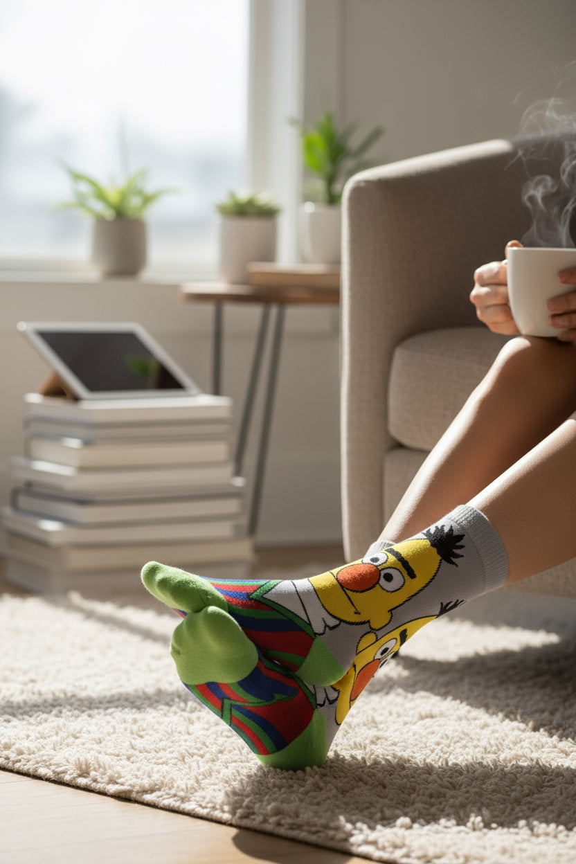 Person wearing colorful socks with a cartoon design, sitting on a couch in a cozy living room.