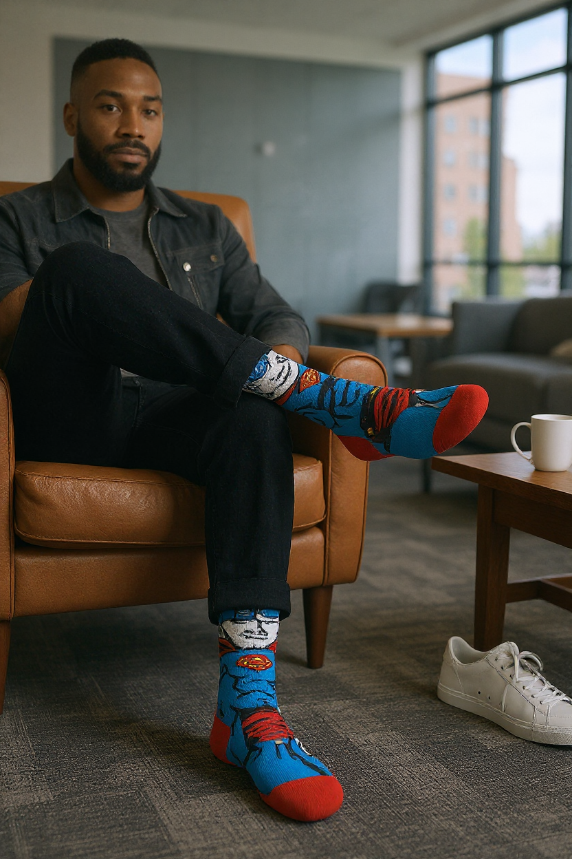Man sitting on a couch wearing colorful socks in a living room setting